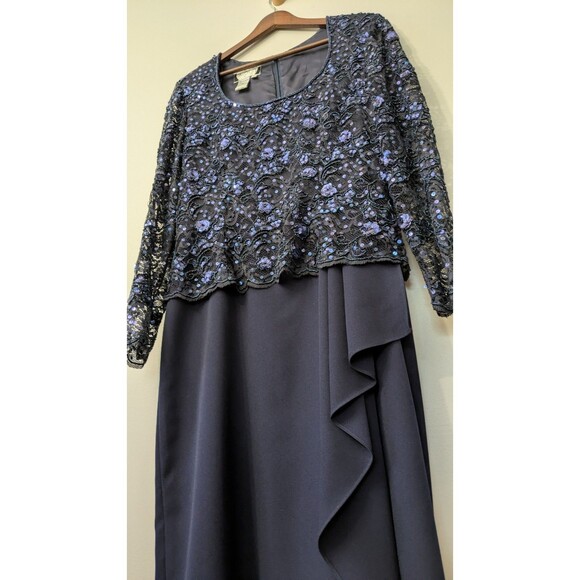 Scala Gown 10 Formal Navy Blue Beaded Sequin Event Wedding Holiday Lace Ruffle - Picture 5 of 14